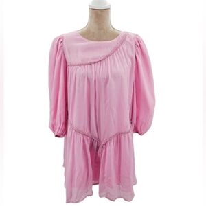 Pink Shimmer Babydoll Dress Puff Sleeve Boho Cottagecore Flowy Mini Size L NWT